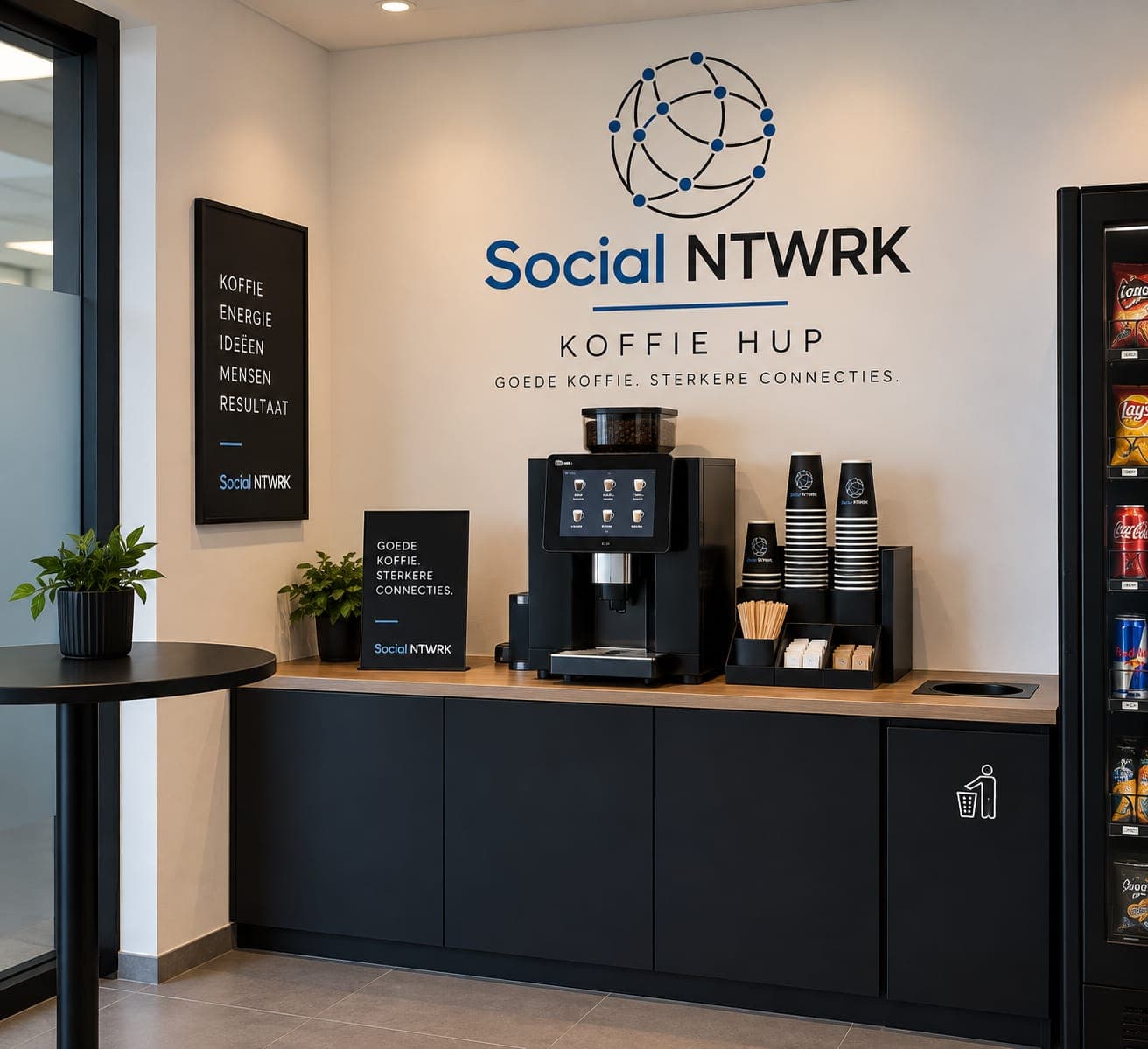 Verzorgde kantoorpantry met Social NTWRK-branding