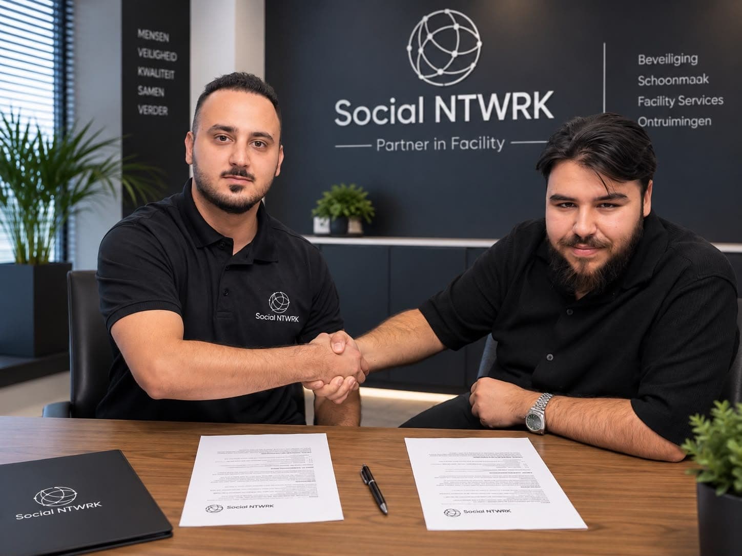 Handdruk na het tekenen van een samenwerking op het kantoor van Social NTWRK